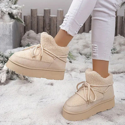 Zapatos de Invierno Cómodos para Mujeres con Forro de Piel Sintética Estilo Botín de Plataforma con Cordones