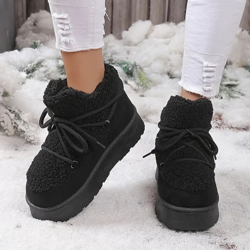 Zapatos de Invierno Cómodos para Mujeres con Forro de Piel Sintética Estilo Botín de Plataforma con Cordones