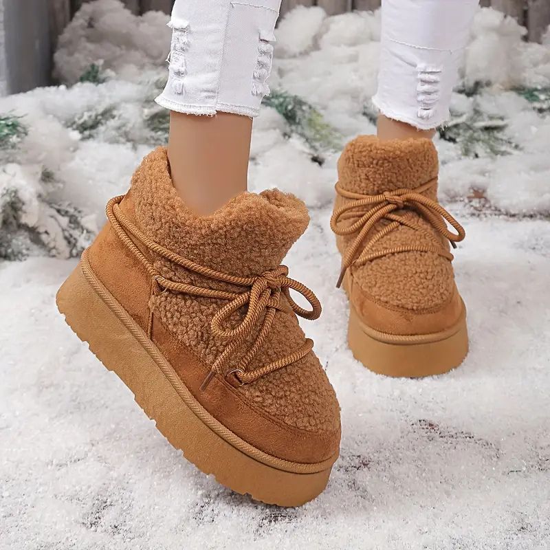 Zapatos de Invierno Cómodos para Mujeres con Forro de Piel Sintética Estilo Botín de Plataforma con Cordones