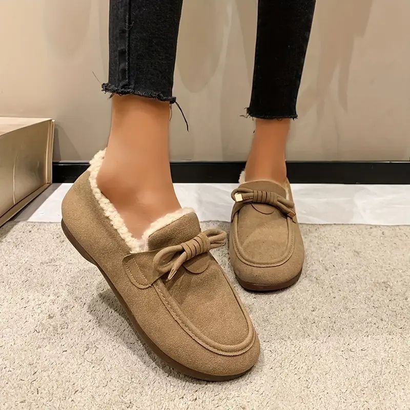 Zapatillas Cómodas para Mujeres con Forro de Piel Sintética y Detalle de Lazo, Zapatillas de Casa tipo Mocasín