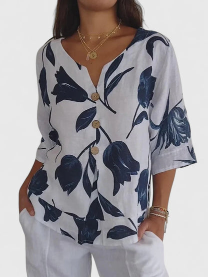 Blusa de Lino Floral Sin Esfuerzo para Mujeres con Cuello en V, Manga Codo, Botones Frontales y Estilo Relajado