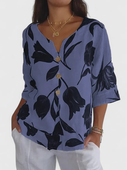 Blusa de Lino Floral Sin Esfuerzo para Mujeres con Cuello en V, Manga Codo, Botones Frontales y Estilo Relajado