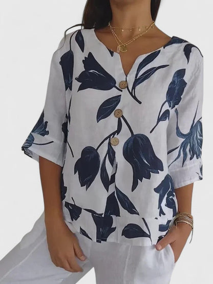 Blusa de Lino Floral Sin Esfuerzo para Mujeres con Cuello en V, Manga Codo, Botones Frontales y Estilo Relajado