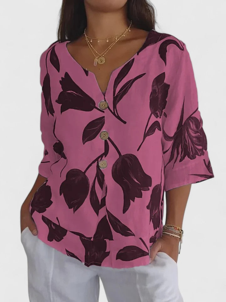 Blusa de Lino Floral Sin Esfuerzo para Mujeres con Cuello en V, Manga Codo, Botones Frontales y Estilo Relajado
