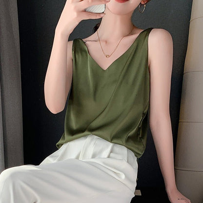 Blusa de satén sin esfuerzo para mujeres con escote en V, sin mangas y estilo relajado y fluido