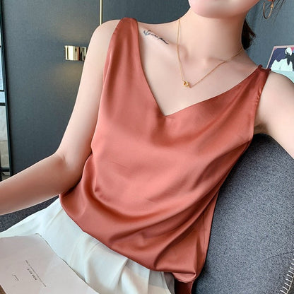 Blusa de satén sin esfuerzo para mujeres con escote en V, sin mangas y estilo relajado y fluido