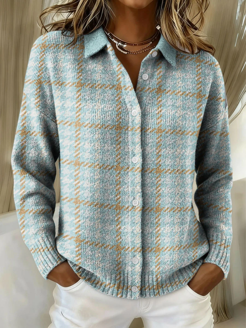 Chaqueta de punto de pata de gallo azul sin esfuerzo para mujeres con cuello, manga larga y estilo relajado