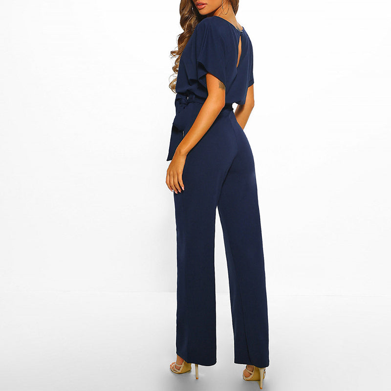 Jumpsuit Elegante de Pierna Ancha para Mujeres con Cuello Redondo, Mangas con Volantes y Cinturón en Estilo Fluido