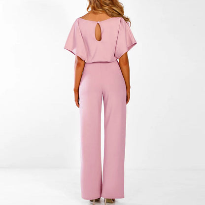 Jumpsuit Elegante de Pierna Ancha para Mujeres con Cuello Redondo, Mangas con Volantes y Cinturón en Estilo Fluido