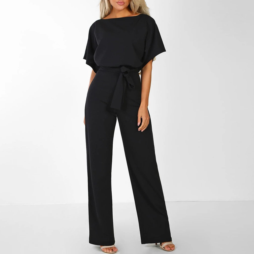 Jumpsuit Elegante de Pierna Ancha para Mujeres con Cuello Redondo, Mangas con Volantes y Cinturón en Estilo Fluido