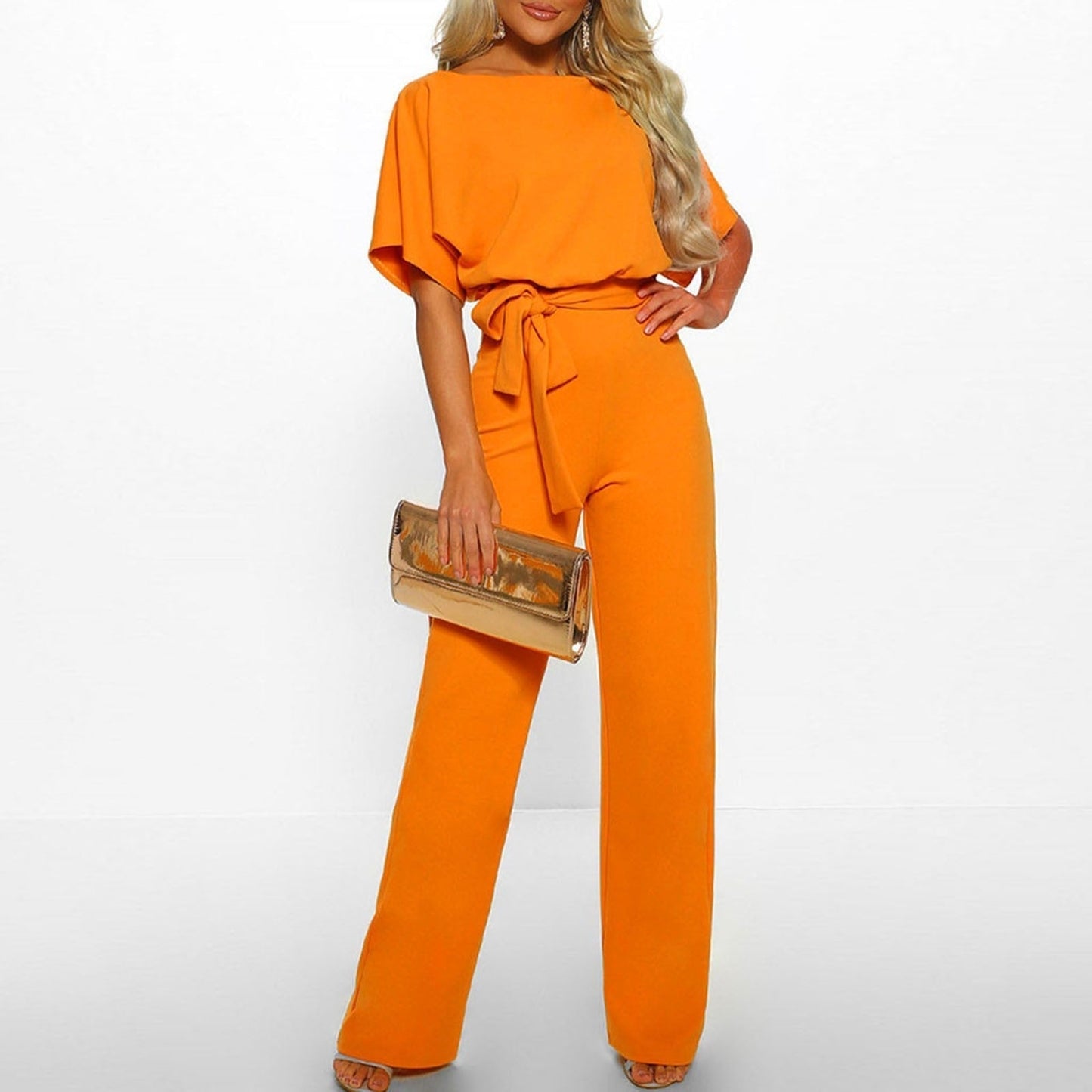 Jumpsuit Elegante de Pierna Ancha para Mujeres con Cuello Redondo, Mangas con Volantes y Cinturón en Estilo Fluido