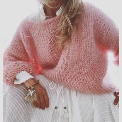 Suéter de Mohair Cómodo de Punto para Mujeres con Cuello Amplio y Mangas Largas de Estilo Relajado y Oversized