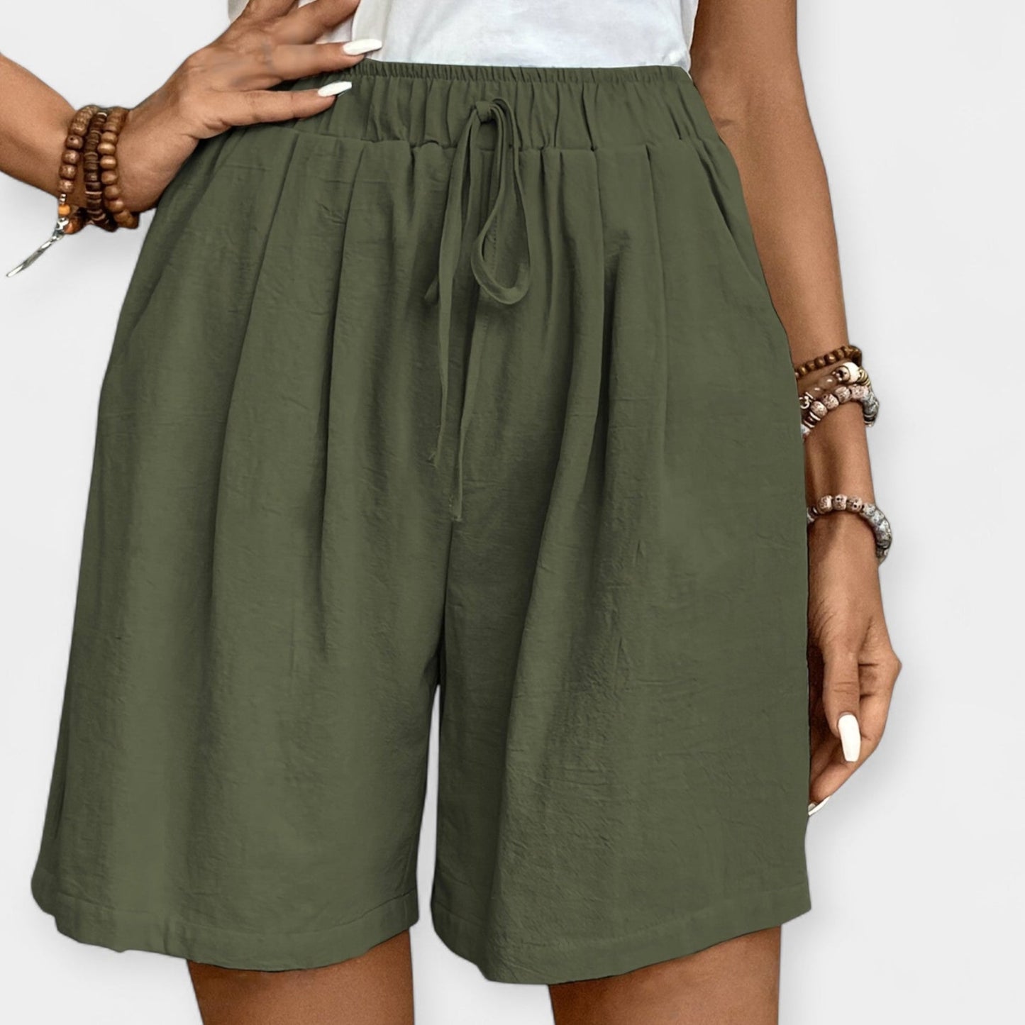 Pantalones Cortos de Lino Anchos para Mujeres con Cintura Alta y Cordón Ajustable, Estilo Casual Relajado