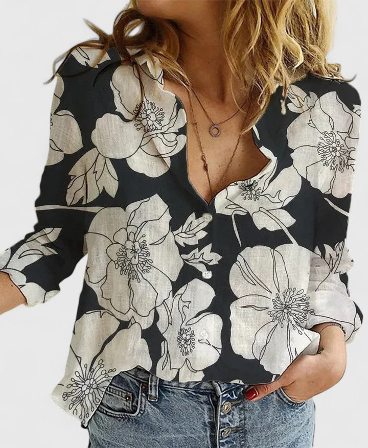 Blusa de Lino Floral Sin Esfuerzo para Mujeres con Cuello, Manga Larga, Botones en la Parte Delantera, Estilo Relajado
