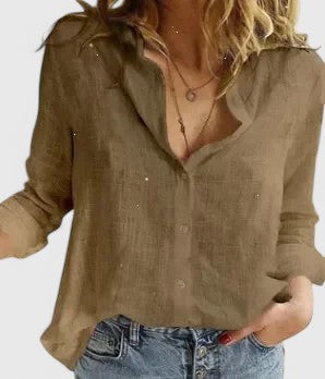 Blusa de Lino Floral Sin Esfuerzo para Mujeres con Cuello, Manga Larga, Botones en la Parte Delantera, Estilo Relajado