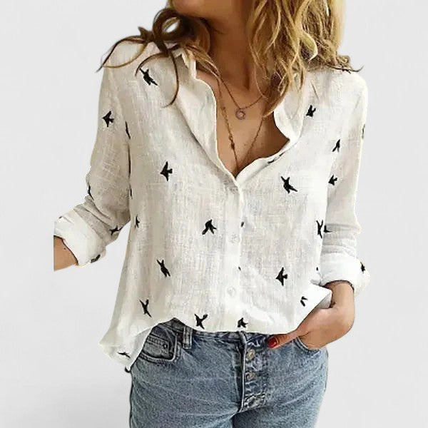 Blusa de Lino Floral Sin Esfuerzo para Mujeres con Cuello, Manga Larga, Botones en la Parte Delantera, Estilo Relajado