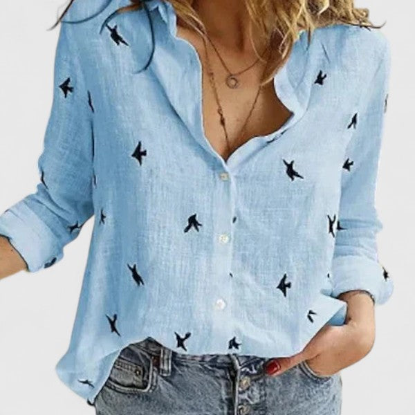 Blusa de Lino Floral Sin Esfuerzo para Mujeres con Cuello, Manga Larga, Botones en la Parte Delantera, Estilo Relajado