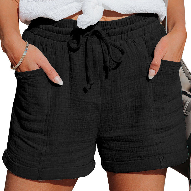 Pantalones Cortos de Algodón Texturizado para Mujeres con Cintura Alta, Cinturilla Ajustable y Dobladillo Acampanado Estilo Casual