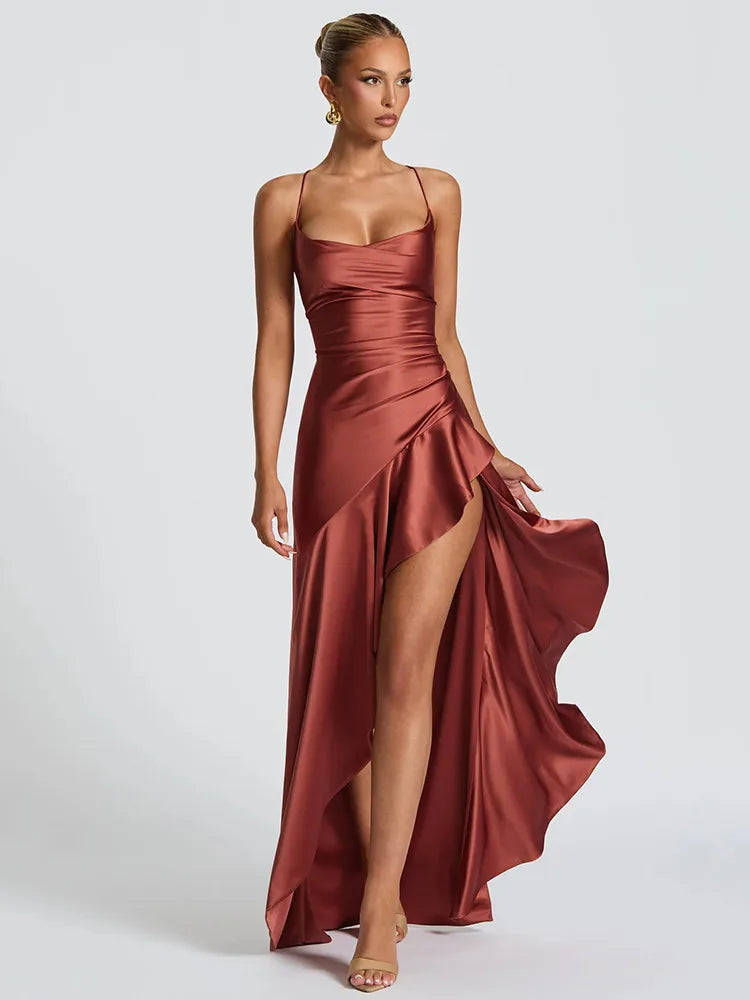 Vestido Maxi de Satén Elegante para Mujeres con Cuello de Cowl, Tirantes Finos, Volantes y Corte Alto Formal