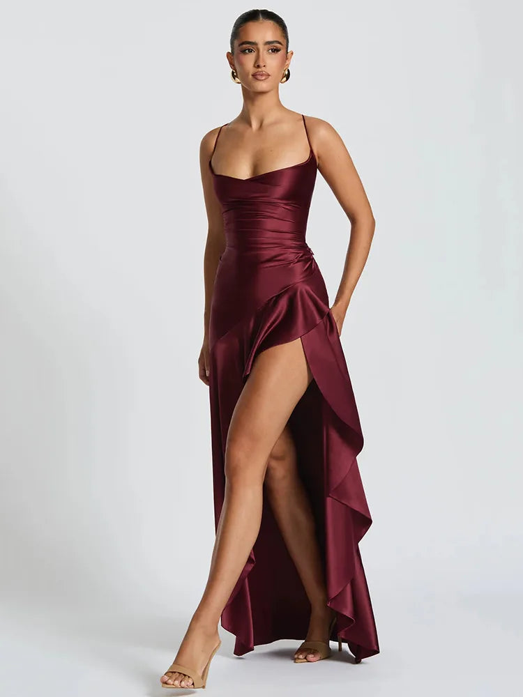 Vestido Maxi de Satén Elegante para Mujeres con Cuello de Cowl, Tirantes Finos, Volantes y Corte Alto Formal