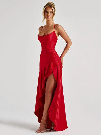 Vestido Maxi de Satén Elegante para Mujeres con Cuello de Cowl, Tirantes Finos, Volantes y Corte Alto Formal