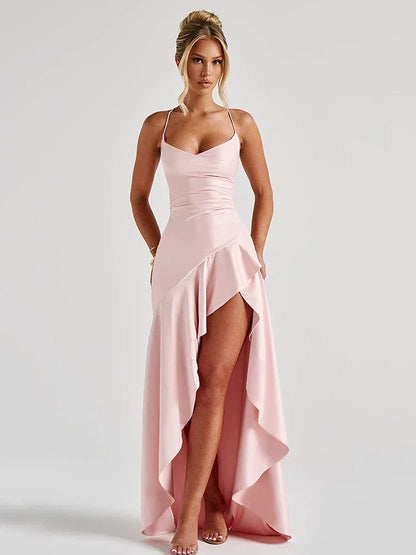 Vestido Maxi de Satén Elegante para Mujeres con Cuello de Cowl, Tirantes Finos, Volantes y Corte Alto Formal