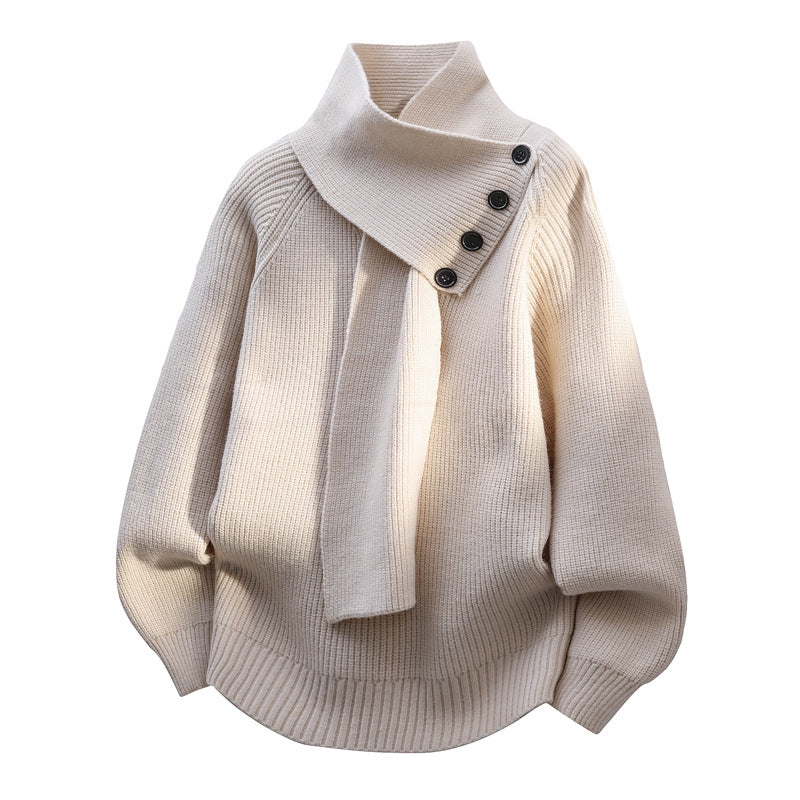 Suéter de Punto Cómodo para Mujeres con Cuello Asimétrico, Manga Murciélago, Detalle de Botón y Estilo Relajado
