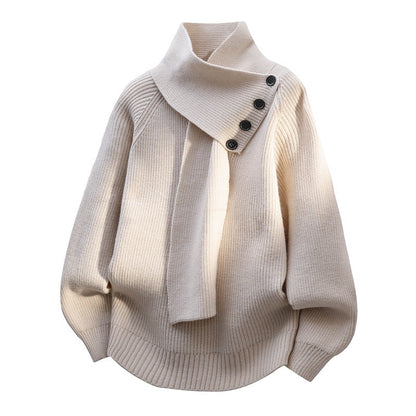 Suéter de Punto Cómodo para Mujeres con Cuello Asimétrico, Manga Murciélago, Detalle de Botón y Estilo Relajado