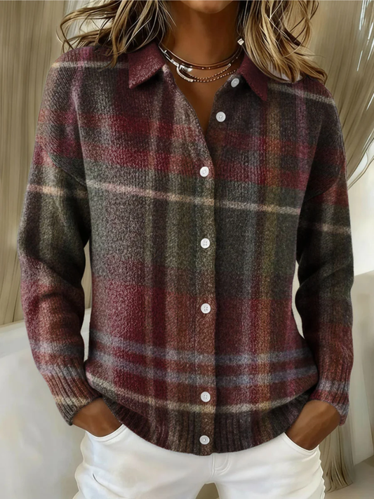 Camisa chaqueta de franela a cuadros burdeos sin esfuerzo para mujeres con cuello, manga larga, botón frontal y estilo relajado
