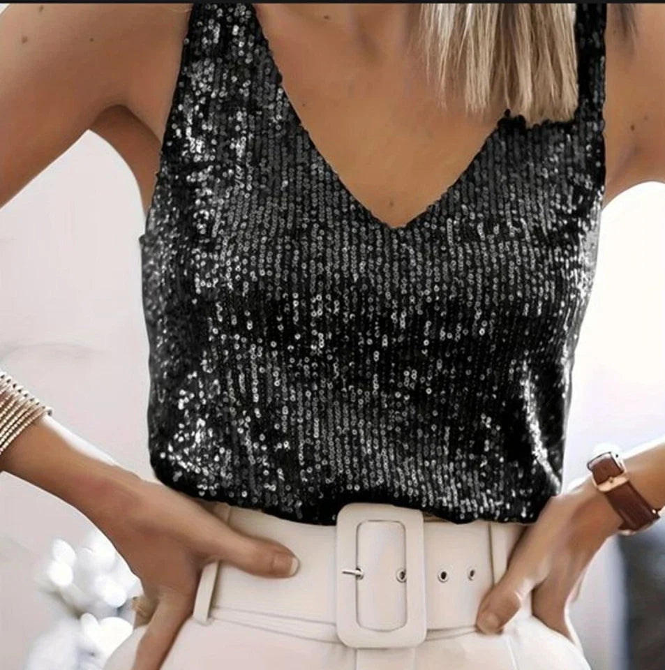 Top Elegante de Lentejuelas para Salir de Mujeres con Escote en V Sin Mangas y Estilo Corto Brillante