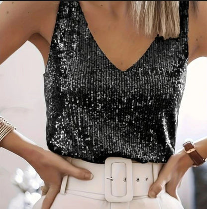 Top Elegante de Lentejuelas para Salir de Mujeres con Escote en V Sin Mangas y Estilo Corto Brillante