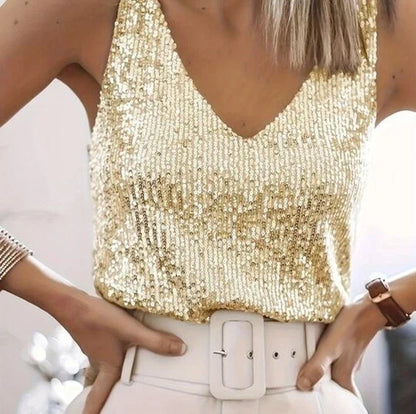 Top Elegante de Lentejuelas para Salir de Mujeres con Escote en V Sin Mangas y Estilo Corto Brillante