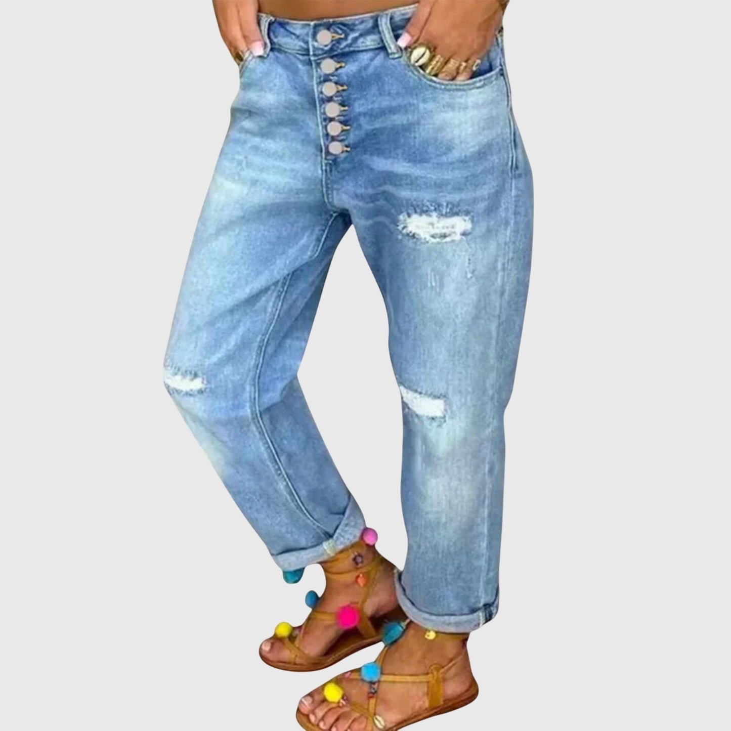 Jeans Boyfriend Desgastados Azules Sin Esfuerzo para Mujeres con Cintura Alta, Cierre de Botón y Estilo Relajado