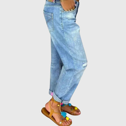 Jeans Boyfriend Desgastados Azules Sin Esfuerzo para Mujeres con Cintura Alta, Cierre de Botón y Estilo Relajado