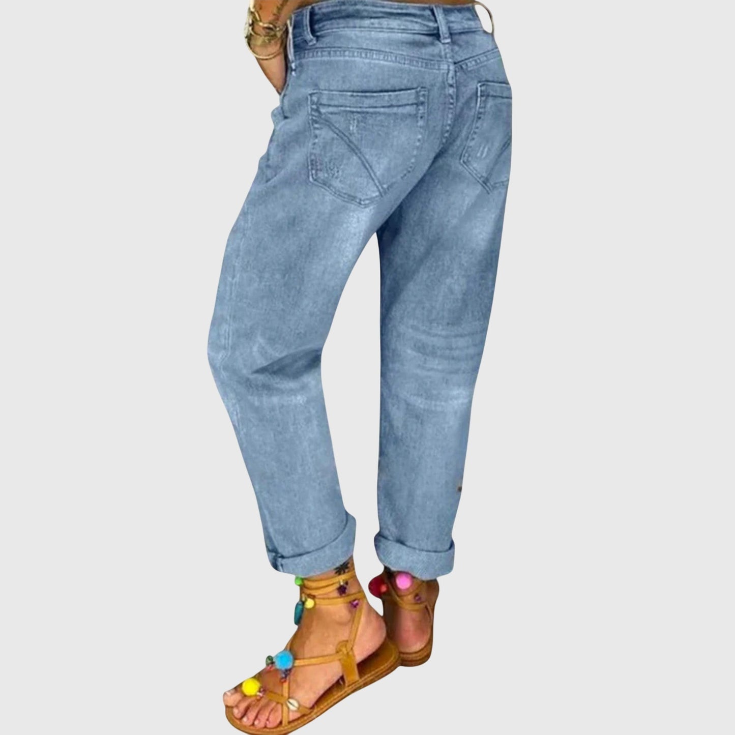 Jeans Boyfriend Desgastados Azules Sin Esfuerzo para Mujeres con Cintura Alta, Cierre de Botón y Estilo Relajado