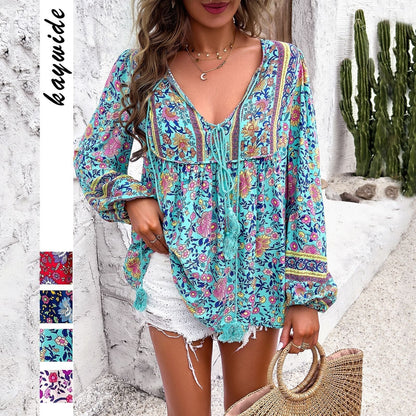 Blusa Floral Sin Esfuerzo para Mujeres con Cuello en V, Mangas de Globo y Tira de Borlas Estilo Boho