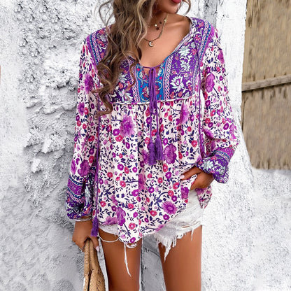 Blusa Floral Sin Esfuerzo para Mujeres con Cuello en V, Mangas de Globo y Tira de Borlas Estilo Boho