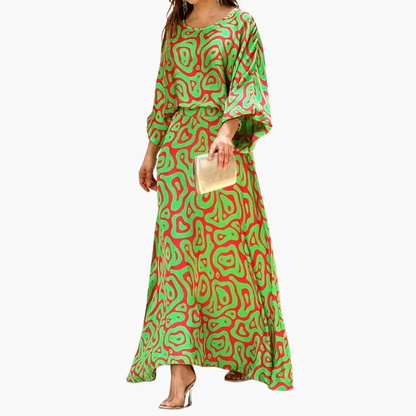 Vestido Maxi Elegante de Estampado Abstracto para Mujeres con Cuello Redondo y Mangas Murciélago Estilo Fluido