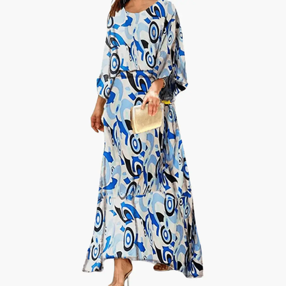 Vestido Maxi Elegante de Estampado Abstracto para Mujeres con Cuello Redondo y Mangas Murciélago Estilo Fluido