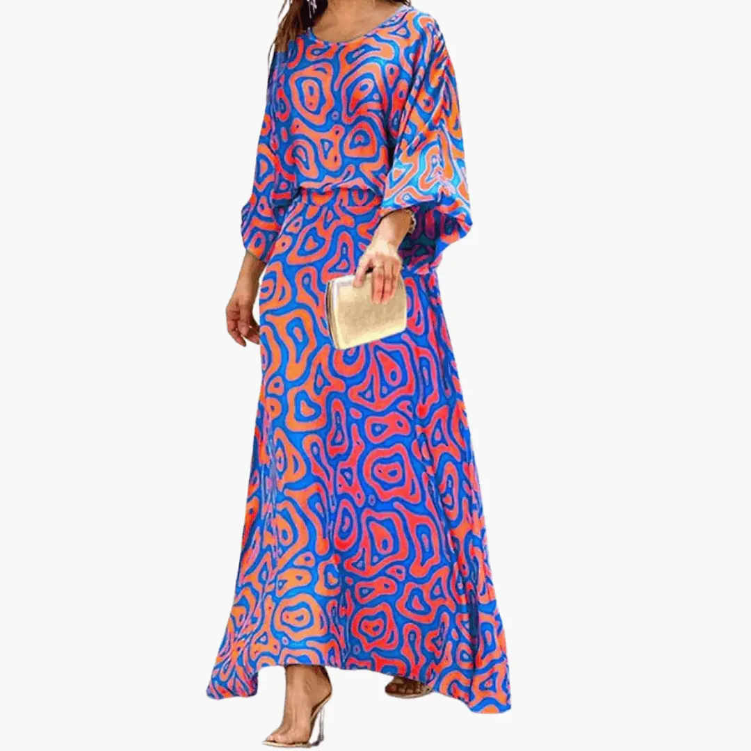 Vestido Maxi Elegante de Estampado Abstracto para Mujeres con Cuello Redondo y Mangas Murciélago Estilo Fluido