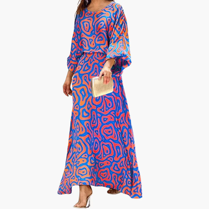 Vestido Maxi Elegante de Estampado Abstracto para Mujeres con Cuello Redondo y Mangas Murciélago Estilo Fluido