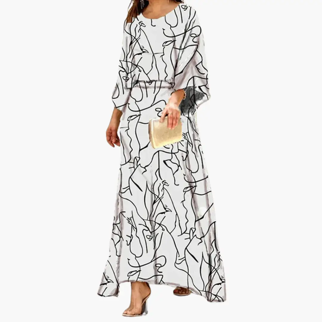 Vestido Maxi Elegante de Estampado Abstracto para Mujeres con Cuello Redondo y Mangas Murciélago Estilo Fluido