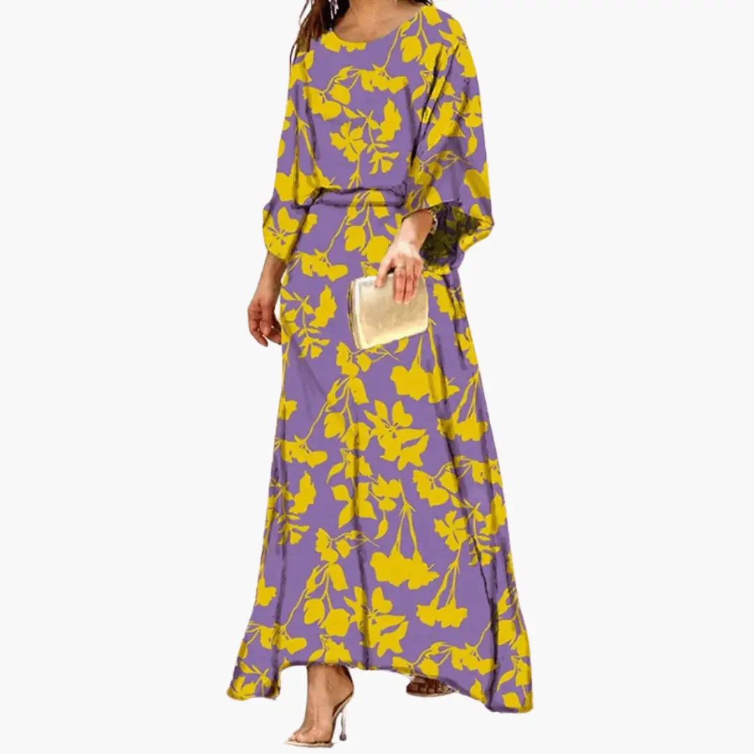 Vestido Maxi Elegante de Estampado Abstracto para Mujeres con Cuello Redondo y Mangas Murciélago Estilo Fluido