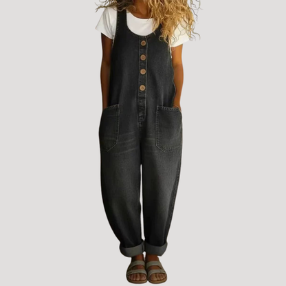 Overoles de Denim Sin Esfuerzo para Mujeres con Escote Redondeado, Sin Mangas, Botones Frontales y Pierna Ancha