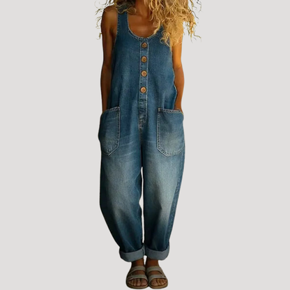 Overoles de Denim Sin Esfuerzo para Mujeres con Escote Redondeado, Sin Mangas, Botones Frontales y Pierna Ancha