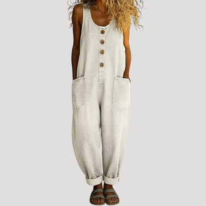 Overoles de Denim Sin Esfuerzo para Mujeres con Escote Redondeado, Sin Mangas, Botones Frontales y Pierna Ancha