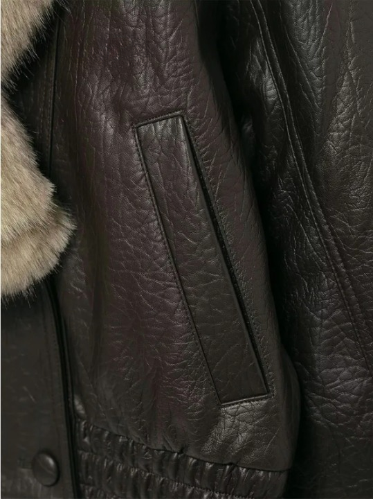 Chaqueta Bomber de Cuero Elegante para Mujeres con Cuello de Piel Sintética, Manga Larga, Estilo Relajado con Botones a Presión