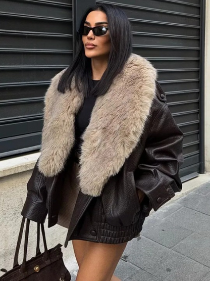 Chaqueta Bomber de Cuero Elegante para Mujeres con Cuello de Piel Sintética, Manga Larga, Estilo Relajado con Botones a Presión
