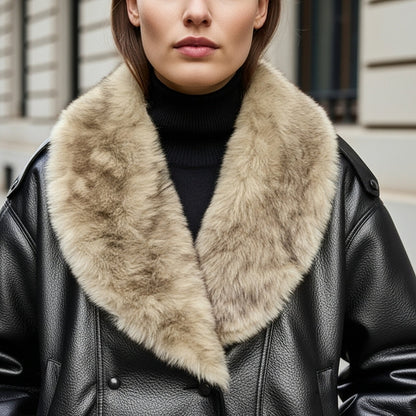 Chaqueta Bomber de Cuero Elegante para Mujeres con Cuello de Piel Sintética, Manga Larga, Estilo Relajado con Botones a Presión