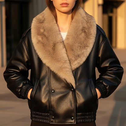 Chaqueta Bomber de Cuero Elegante para Mujeres con Cuello de Piel Sintética, Manga Larga, Estilo Relajado con Botones a Presión